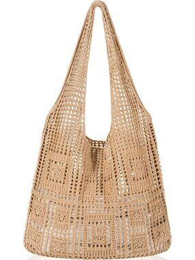 Women's Light Tan Crochet Mesh Tote Bag Shoulder Lightweight Shopping Handbag